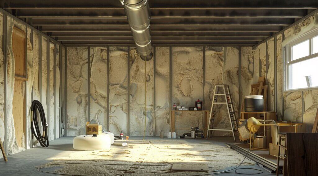 basement being insulated with spray foam