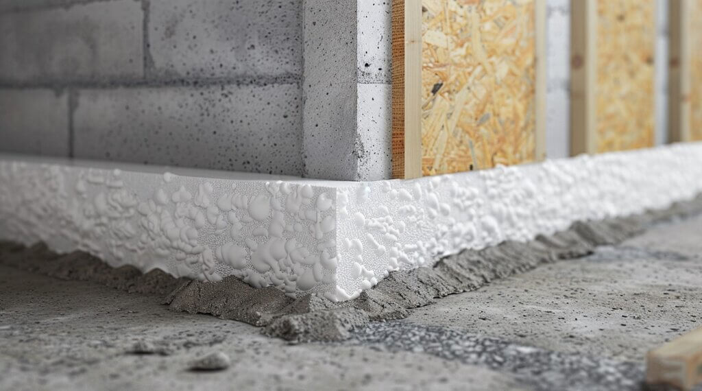 basement wall with rigid foam insulation installed between the concrete and drywall layers