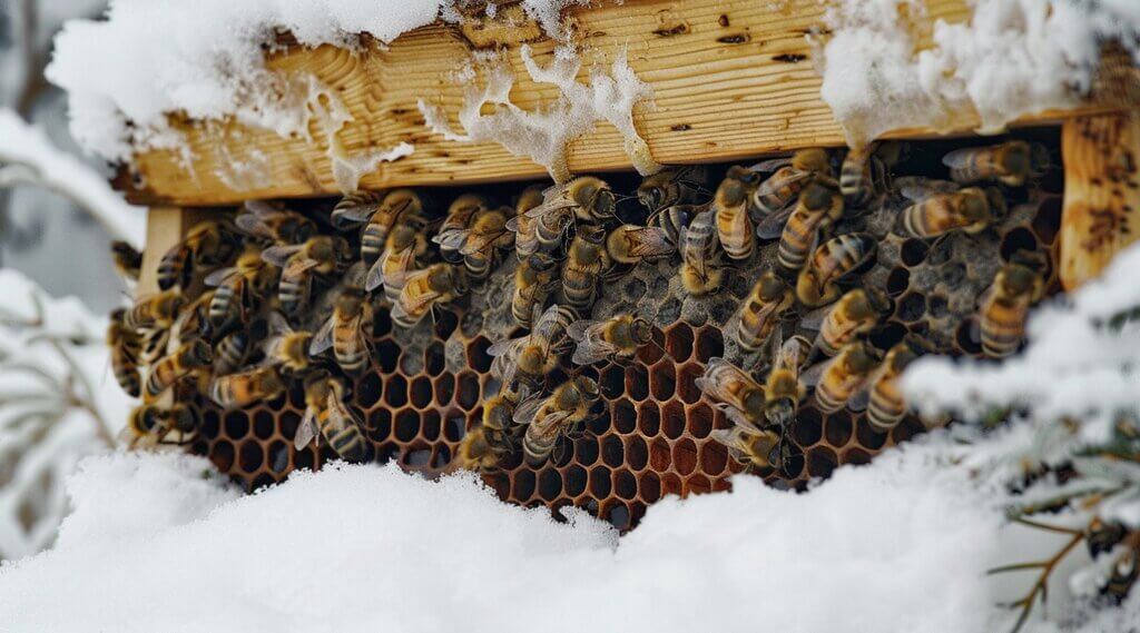beehive covered in a thick layer of snow surrounded by insulating foam