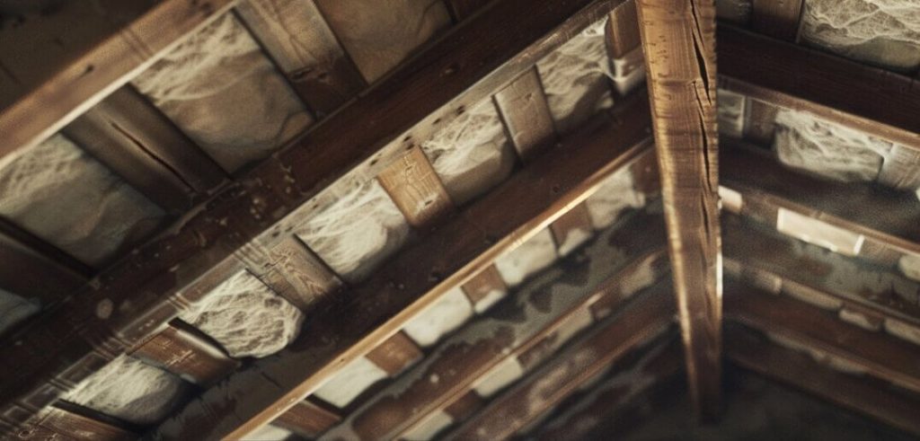close-up of a cathedral ceiling with exposed beams and insulation installed