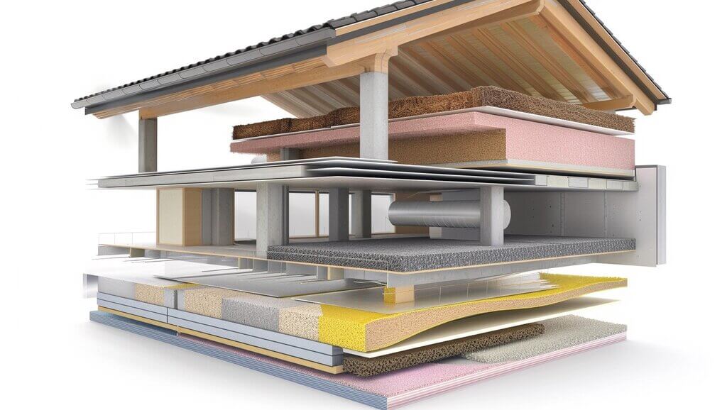 cross-section of a flat roof showing layers of insulation materials