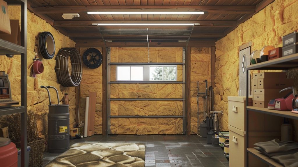 garage with a roll-up door covered in insulation material