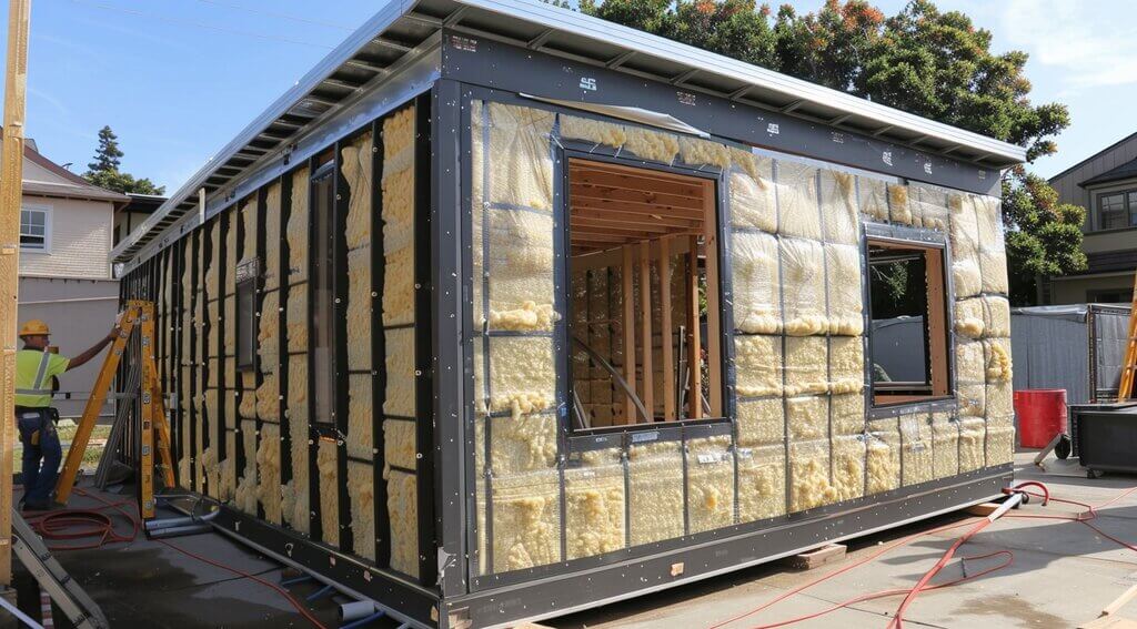 metal shed with insulation materials being installed